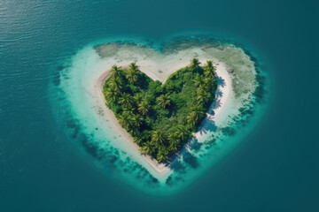 Heart shape uninhabited tropical island aerial view, Generative AI