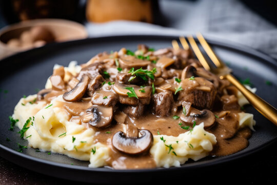 Close-up of creamy beef stroganoff with chunks of tender meat, caramelized onions, and earthy mushrooms served over a bed of fluffy mashed potatoes, generative ai