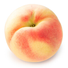 Yellow and Pink Peach fruit with leaf isolated on white background, Fresh White Peach on White Background With clipping path.
