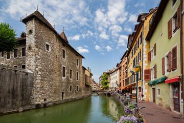 Fototapeta na wymiar View of the side of the Palais de l'Isle jail in Annecy France