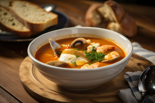 Close-up of Bouillabaisse soup served in a white ceramic bowl with a spoon and a side of crusty bread on a rustic wooden table, generative ai