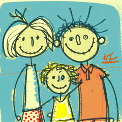 children's drawing of a traditional happy family with mom dad and baby, generative AI