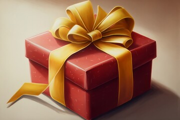 A Red Gift Box with Yellow Ribbon Against a White Background, Created by Generative AI