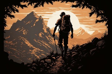 Silhouette of a Person Hiking Up the Mountains Created by Generative AI