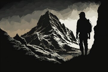 Silhouette of a Person Hiking Up the Mountains Created by Generative AI