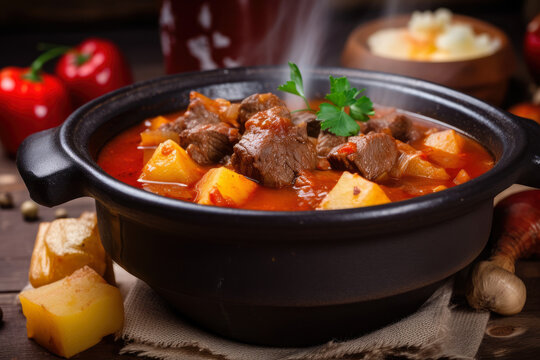 Close-up of a steaming hot bowl of Hungarian goulash with chunks of tender beef and soft potato cubes, generative ai