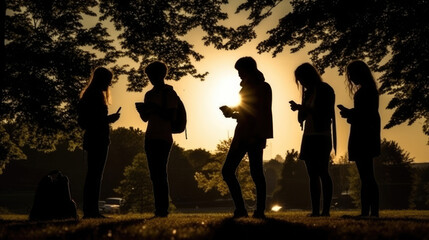 Obraz na płótnie Canvas Kids in a park on their smartphones