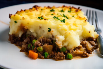 Close-up of a slice of Shepherd's pie on a plate, showing off the contrasting colors and textures of the flavorful filling and creamy mashed potato topping, generative ai