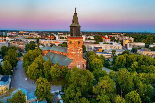 Sunset view of the cathedral in Turku, Finland