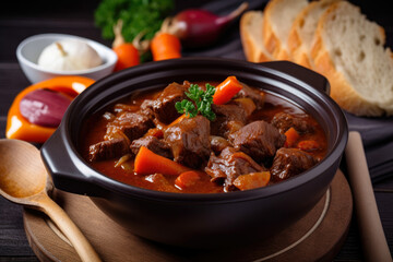 close-up of a piping hot goulash with tender chunks of beef, carrots, and onions, served in a white ceramic bowl with a slice of crusty bread on the side, generative ai
