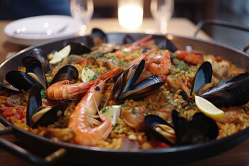 Close-up of a mouth-watering Paella with a medley of fresh seafood including mussels, clams, and prawns, generative ai