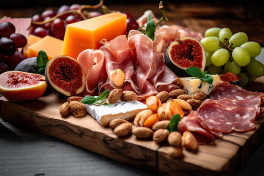 Close-up of a mouth-watering prosciutto wrapped melon on a Charcuterie board with other cured meats, cheese, fruits, and nuts, generative ai