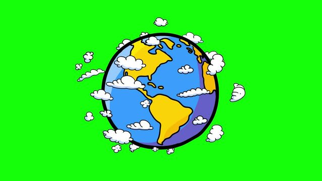 Earth globe with moving clouds cartoon isolated animation. Earth day. Fully hand drawn, dynamic, cartoon with black outline on green background good for keying. Seamless loop.