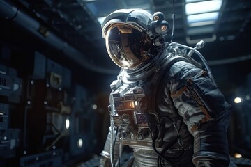 Fototapeta premium Astronaut in a spacecraft interior, generative ai