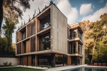 Fototapeta premium Contemporary villa with concrete and wood in a lush tropical garden, generative ai