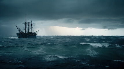 a boat sailing on strong waves during a night storm.