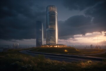 Futuristic unique skyscraper in a dystopian city, generative ai