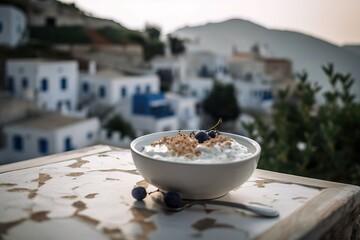 Greek yogurt in a terrace overlooking a Greek village, generative ai - obrazy, fototapety, plakaty