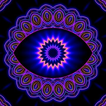 Deep purple ultraviolet trippy eye mandala, fractal Indian paisley style design in violet black blue pink, symmetrical spiritual enlightenment third eye graphic 