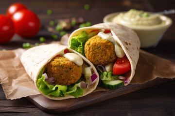 Close-up of a falafel wrap with colorful vegetables and tangy sauce on a rustic wooden table, generative ai