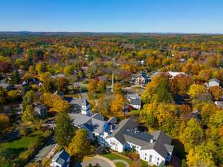 Acton Town Green aerial view in fall in historic town center of Acton, Massachusetts MA, USA. 