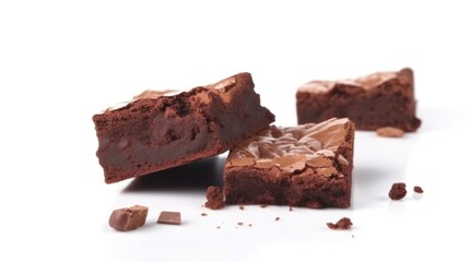 Pieces of fresh brownie on white background. Delicious chocolate pie. Generative AI.