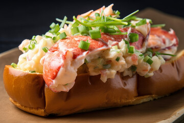 Close-up of a buttery lobster roll overflowing with succulent lobster meat and garnished with chopped chives, generative ai