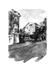 Series of street views in the old city. Hand drawn watercolor architectural background with historic buildings. Black and white sketch