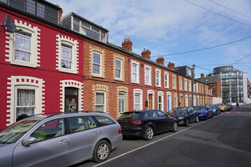 Fototapeta na wymiar Small 19th century working class houses near Dublin's high tech district, now gentrified