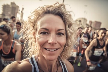 female marathon runner  is taking a selfie while running through a crowd of other runners, with the city skyline in the background , wide angle view. Generative AI