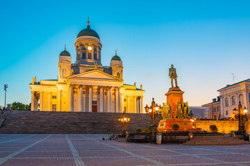 Sunrise view of the cathedral and statue of Alexander II in Senaatintori - Senate square in...