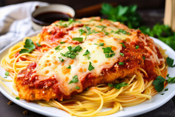 Chicken Parmesan with spaghetti marinara on a white plate, garnished with fresh parsley and lemon wedges, generative ai