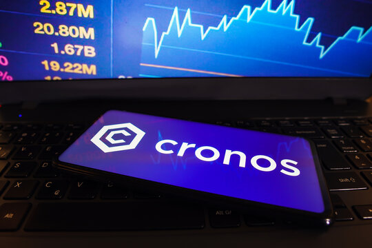 March 27, 2023, Brazil. In this photo illustration, the Cronos (CRO) logo is displayed on a smartphone screen.