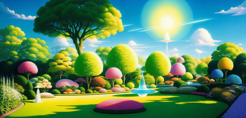 Surreal Garden of Dreams With Colorful Trees and Big Sun Generative AI Art Illustration