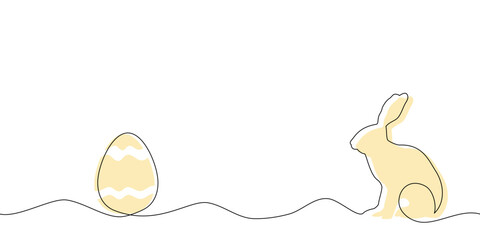 Zajączek wielkanocny rysowany jedną ciągłą linią. Zając i jajko wielkanocne w kolorze żółty. Tło na świąteczne banery. Sylwetka uroczego królika w prostym minimalistycznym stylu. Ilustracja wektorowa. - obrazy, fototapety, plakaty