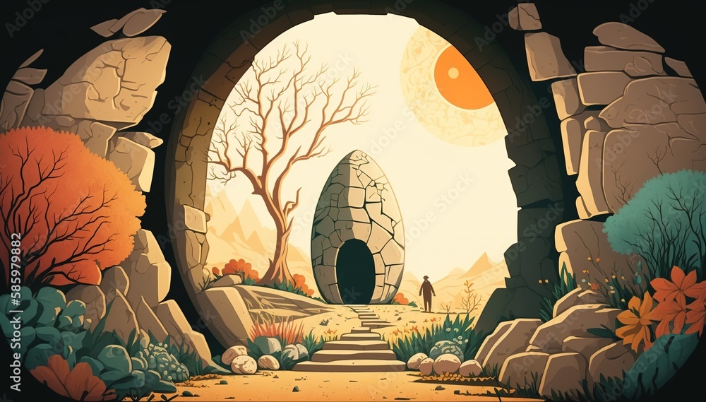 Poster where hope and grieving merge: an empty tomb illustration generative ai