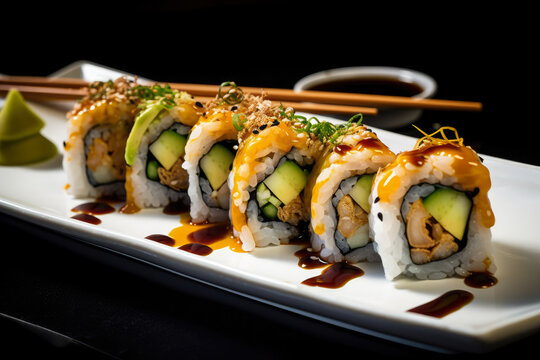 Beautifully Presented Chicken Teriyaki Sushi Roll, Stuffed With Crispy Tempura Bits, Avocado, And Cucumber, Served With A Side Of Soy Sauce And Pickled Ginger, Generative Ai