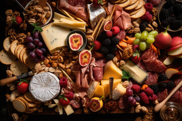 Naklejka premium Artistic close-up of a charcuterie board with a selection of sliced meats, cheeses, fruits, and nuts, arranged in a unique and visually stunning way, generative ai