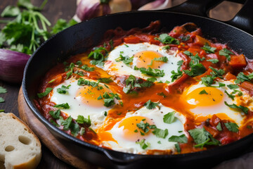 Vibrant Shakshuka with Soft Poached Eggs and Fresh Herbs, generative ai