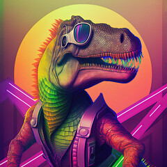 Neon party Tyrannosaurus rex in sunglasses. Generative AI