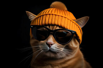 orange cat wearing a beanie and black sunglasses.
