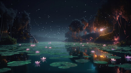 over a crystalline lake, beautiful flowers that shine at night.