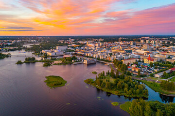 Sunset panorama view of center of Finnish town Oulu