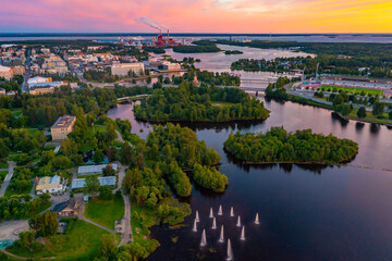 Sunset panorama view of Finnish town Oulu