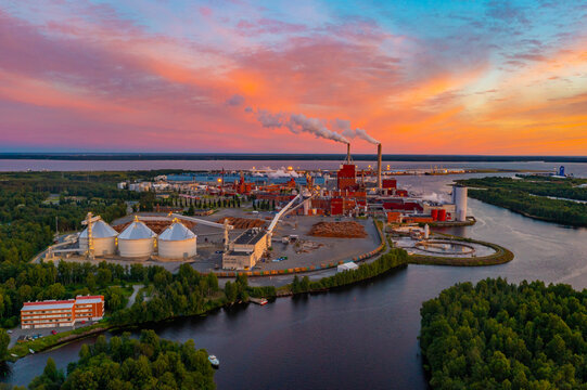 Panorama view of a paper mill in Finnish town Oulu
