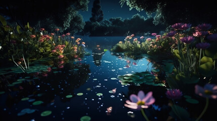 Obraz na płótnie Canvas over a crystalline lake, beautiful flowers that shine at night.