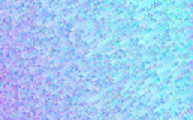 Geometric pixelated mosaic of triangles in a hexagonal Deltille grid arrangement, colored with an iridescent gradient from light purple to cyan blue, with some randomisation. Creative coding design.