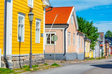 Colorful timber houses in Neristan district of Finnish town Kokkola