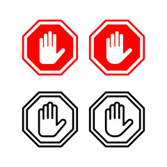 Stop icon vector illustration. stop road sign. hand stop sign and symbol. Do not enter stop red sign with hand