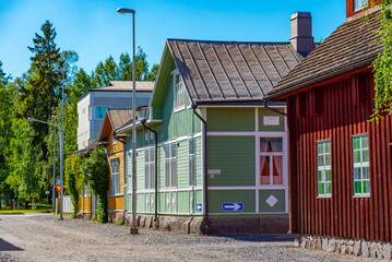 Colorful timber houses in Neristan district of Finnish town Kokkola